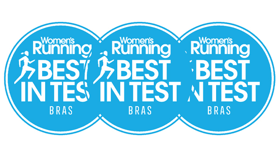Three blue circles that have small running characters on and text that reads: "Women's Running Best in Test Bras"